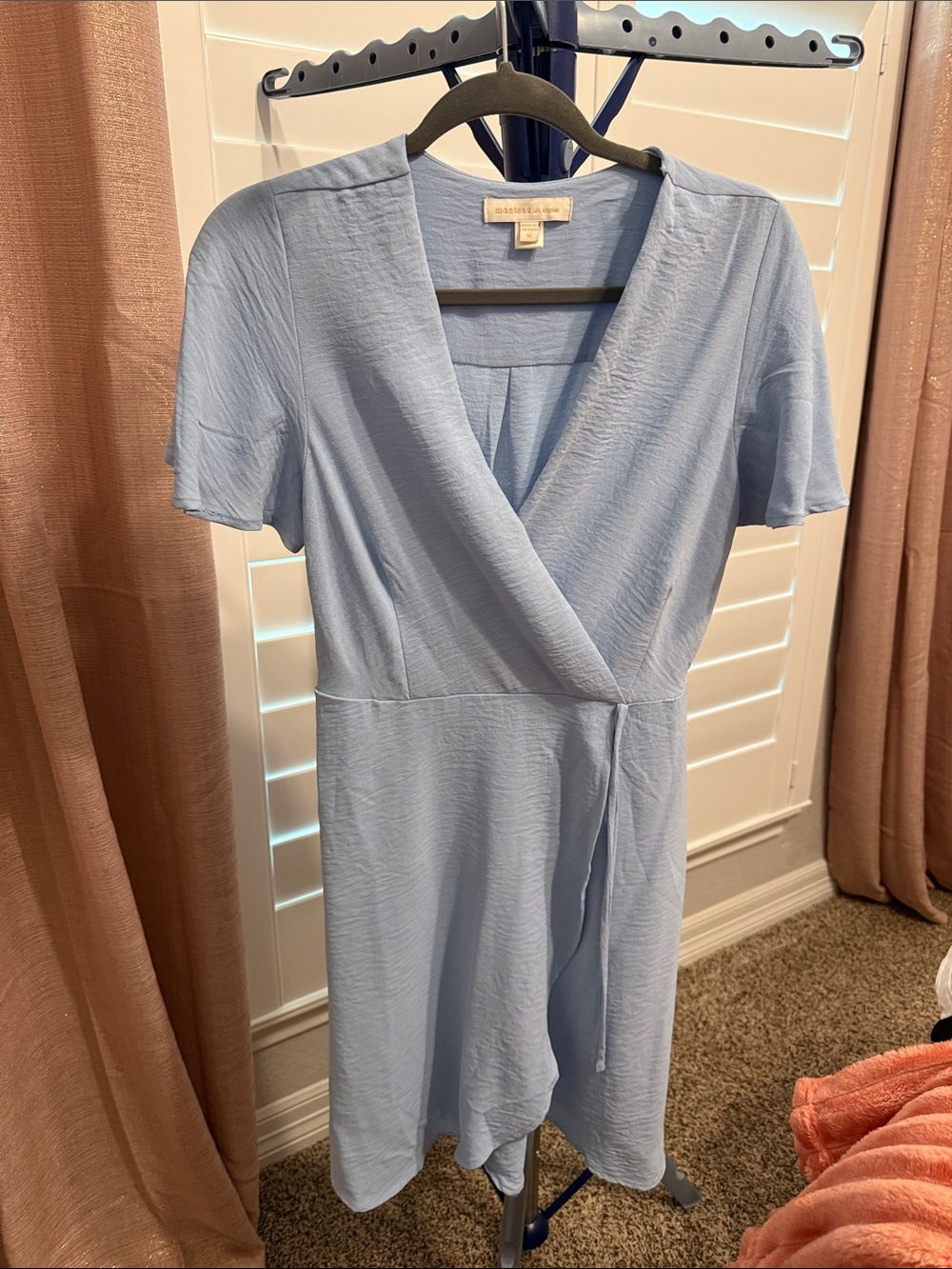 Soft Light Blue Wrap Mini Dress with Tie Waist